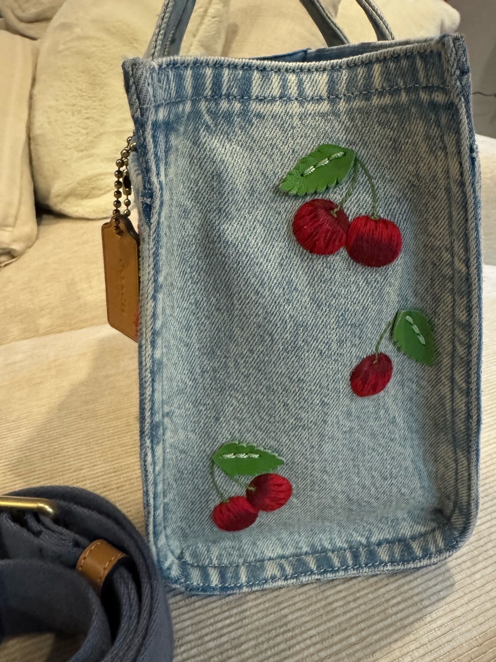 Coach Denim Cherry Embroidered Mini Tote - Light Blue with Red & Green Accents - Picture 4 of 8